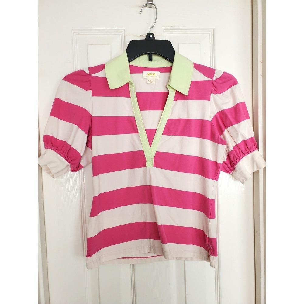 Maeve Anthropologie Polo Shirt Pink Striped Puff Sleeve V-Neck Preppy XS
